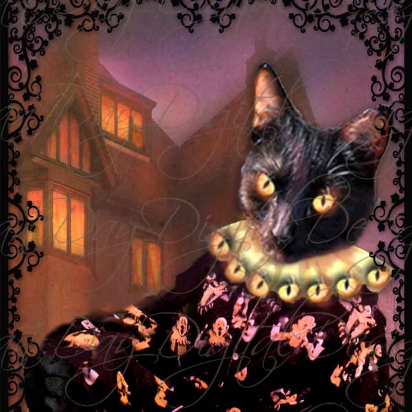 A Purrfect Halloween - Black Cat in Costume - Cat in French costume Photo Digital Collage Instant Digital Download DH041