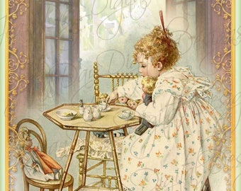 Dolly's Tea Party, Digital Collage, Instant Download, Gift Card or Photo PS022