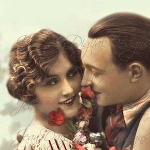 Flower Crush, Valentine, cartão postal francês Art Déco romântico da década de 1920 Download instantâneo - etiqueta para presente, VC006
