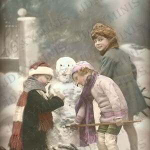 Noël, le premier bonhomme de neige de la saison - Français Scan de carte postale, étiquette cadeau -Téléchargement numérique instantané FC033