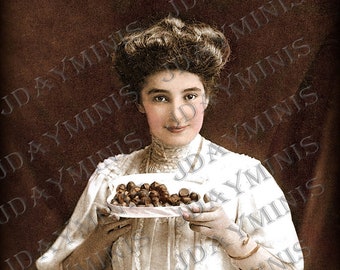 French Shop Chocolat, Instant Digital Download, Marie Selling Chocolates 1907, gift tag - French Postcard - FrA105