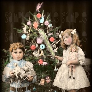 Boże Narodzenie-Noel, drzewo i dzieci, Shabby Chic, francuski pocztówka 1907-skan, tag prezent-Instant Digital Download FC028