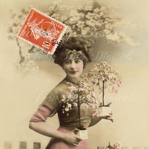 Spring Blossom Pink - Antique French Postcard - Carte Postale orange stamp - Printable Instant Digital Download FrA049