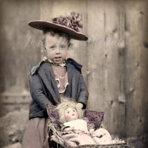 Jeune femme Priscilla et sa poupée Pétunia avec poussette, carte postale numérique, numérisation de photos, téléchargement numérique instantané DP020