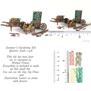 KIT, Summer's Gardening Kit, Engraved, Laser Cut Walnut Veneer, wheel barrow, crate, flowers, Quarter Scale 1:48 dollhouse mini LC069 image 2