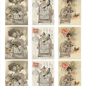 French Aged Bird Cages 3 tags 3.50 inch high French Carte Postale - Gift Tags - Journal, Digital Printable Tf012
