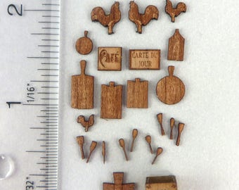 KIT Quarter Scale French Country Laser Cut and Engraved Veneer Kitchen Accessories Kit Cherry, Maple or Walnut Veneer, 1:48  LC046