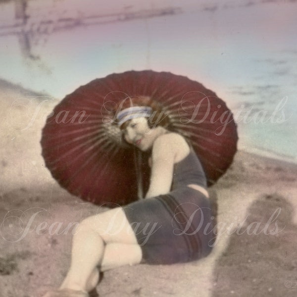 Shadow and the Sunbather, Parasol, very Shabby Chic, 1920's flapper Antique Photo Scan, Instant Digital Download DP038
