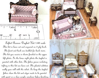 Intro Price KIT Tufted Rococo Daybed Kit, Laser Cut and Engraved quarter scale 1:48 Dollhouse Miniature, DIY kit,  LC230