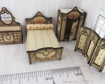 KIT French Country Bedroom Suite Laser Cut and Engraved 4 piece KIT  1:48 Quarter Scale LC022A Dollhouse Miniature,