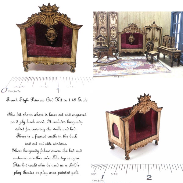 KIT French Style Princess Bed Kit, Laser Cut  Quarter Scale 1:48  LC188, crown, burgundy velvet