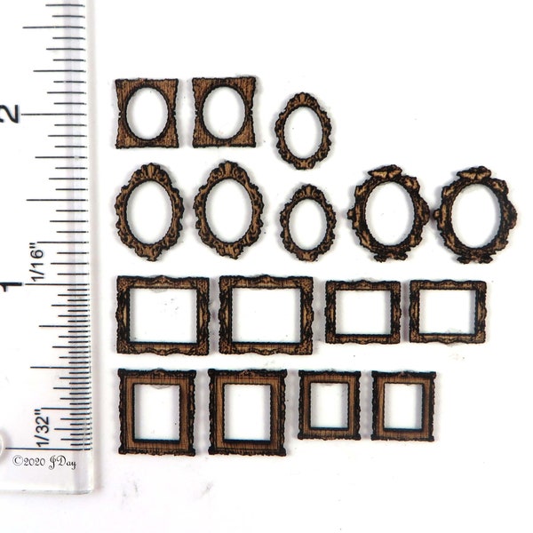 KIT Frames Two, 16 Quarter scale Frames, 1:48, Laser Cut and Engraved Wood kit Smaller LC089 Dollhouse Miniature