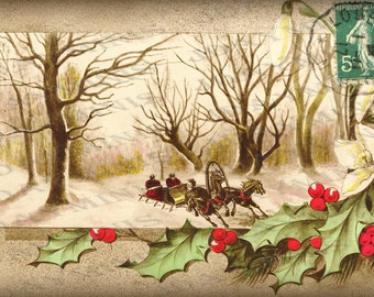 Christmas,  French Winter Scene 1917 - French Postcard Scan, Gift Tag -Instant Digital Download FC047