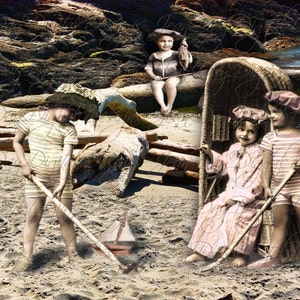 Jugando en la playa, pasado y presente, fotomontaje, Digital instantáneo de los niños franceses descargar, etiqueta del regalo o foto PS010
