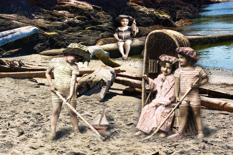 Playing on the Beach, Past and Present, Photomontage, French Children Instant Digital Download, Gift Tag or Photo PS010 image 1