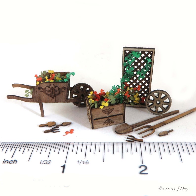 KIT, Summer's Gardening Kit, Engraved, Laser Cut Walnut Veneer, wheel barrow, crate, flowers, Quarter Scale 1:48 dollhouse mini LC069 image 1