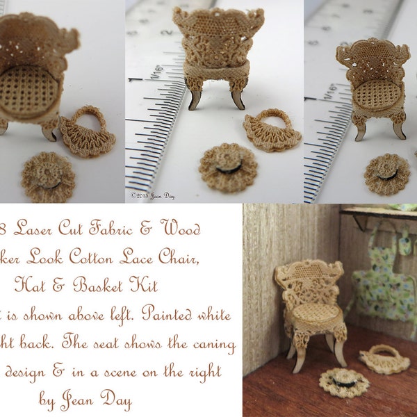 KIT Quarter Scale Laser Cut Wicker Look Chair, Hat and Bag Kit in Quarter Scale 1:48 Cotton Lace & Wood LQ057