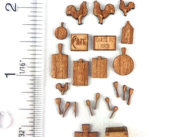 KIT Quarter Scale French Country Laser Cut and Engraved Veneer Kitchen Accessories Kit Cherry, Maple or Walnut Veneer, 1:48  LC046