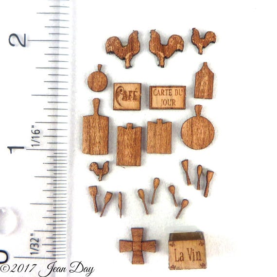 KIT Quarter Scale French Country Laser Cut and Engraved Veneer Kitchen Accessories Kit Cherry, Maple or Walnut Veneer, 1:48  LC046