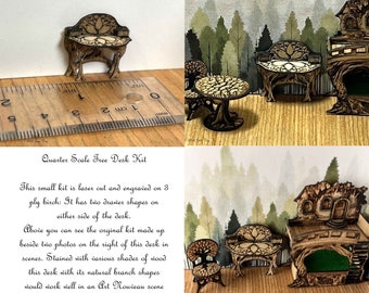 Kit, Tree Desk. Laser cut and Engraved in Birch in Quarter Scale, Dollhouse Miniature, DIY kit, 1:48 Scale LC218