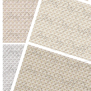 Könnte beinhalten: Vier digitale Papierbögen mit einem sich wiederholenden Muster aus kleinen braunen, gelben und grünen Blumenmustern auf weißem Hintergrund. Die Bögen sind in einem Raster angeordnet. Der Text "Dollhouse 5" ist am unteren Rand des Bildes sichtbar.