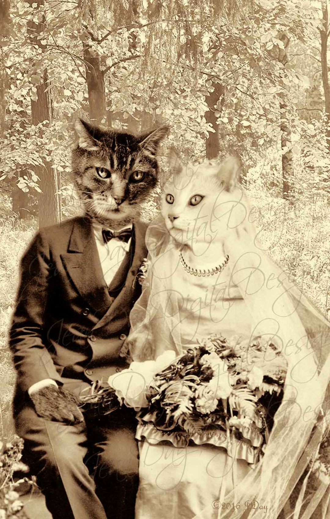 Cat's Wedding, Cat Bride and Groom Digital Collage Design Instant Digital Download, Wedding Gift