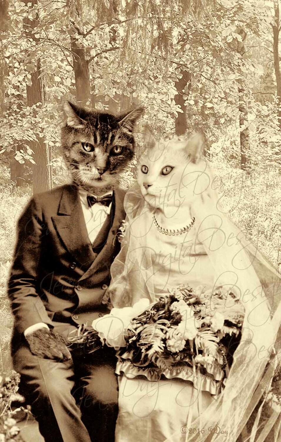Cat's Wedding Cat Bride and Groom Digital Collage Design Etsy