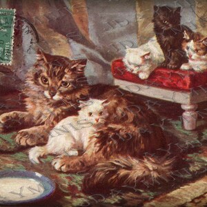 Gatos, Mãe Gato, Gatinhos e Selo Francês, Bate-papo, Etiqueta de Presente, Cartão Postal Francês. Download Digital Instantâneo FrA099