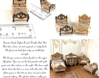 KIT Tufted Double Bed Kit, Laser Cut and Engraved quarter scale 1:48 Dollhouse Miniature, DIY kit,  LC222