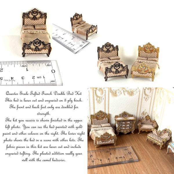 KIT Tufted Double Bed Kit, Laser Cut and Engraved quarter scale 1:48 Dollhouse Miniature, DIY kit,  LC222