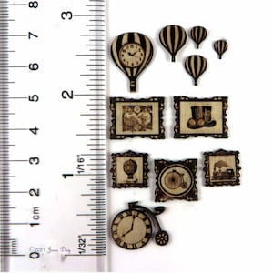 May include: A set of 10 laser-cut wooden decorations featuring a steampunk theme. The decorations include hot air balloons, clocks, gears, and a top hat. The decorations are approximately 1.5 inches in size.