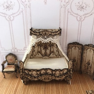 KIT French Canopy Bed, quarter scale, Laser Cut, Engraved, French laces, silks included, 1:48 kit LC093 Dollhouse Miniature image 5