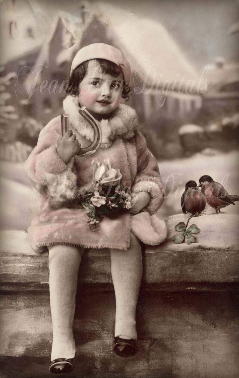 French Christmas, Yvon in her Pink Coat, birds French Postcard Scan, Gift Tag Instant Digital Download FC052 image 1