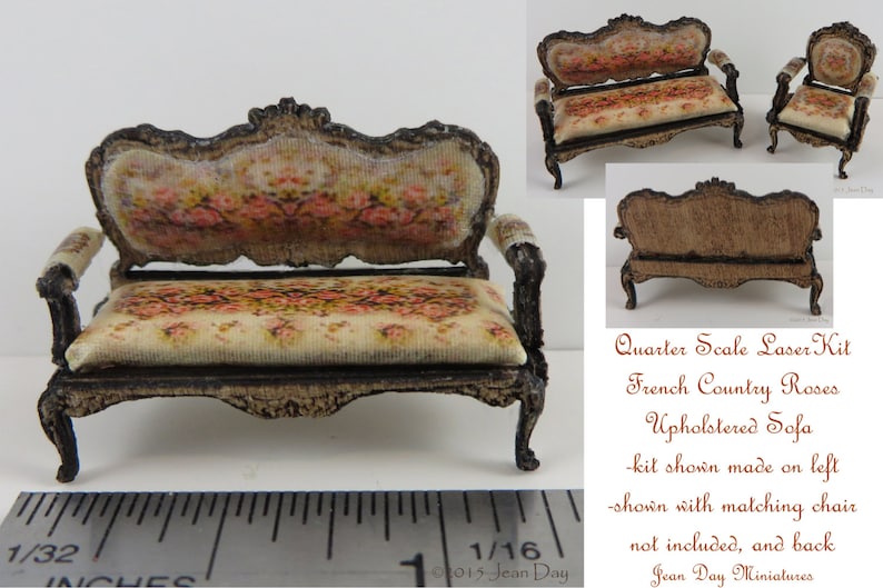May include: Quarter scale laser kit for a French Country Roses upholstered sofa. The sofa is shown with a matching chair, which is not included. The kit is made of wood and has a floral pattern.