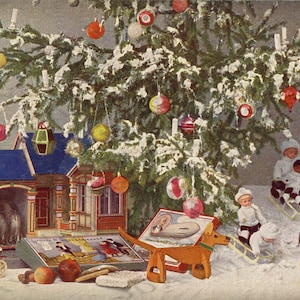 Natale, regali sotto l'albero, casa delle bambole, bambole - francese cartolina Scan, regalo Tag - Instant Digital Download FC036