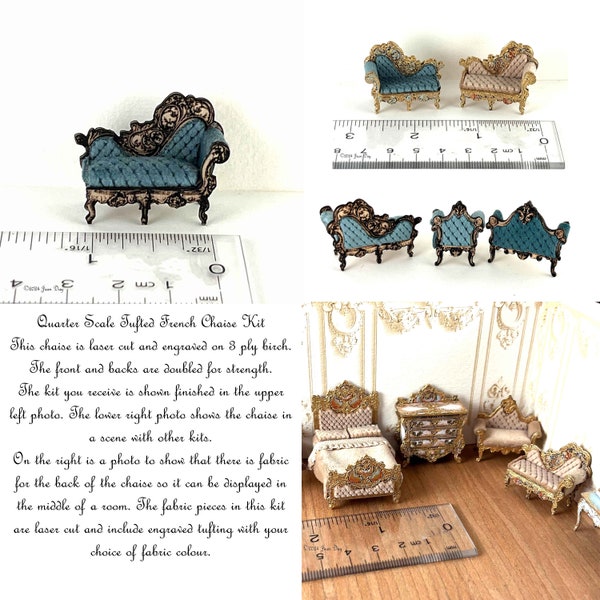 KIT Tufted Chaise Kit, Laser Cut and Engraved quarter scale 1:48 Dollhouse Miniature, DIY kit in 2 colour choices,  LC220