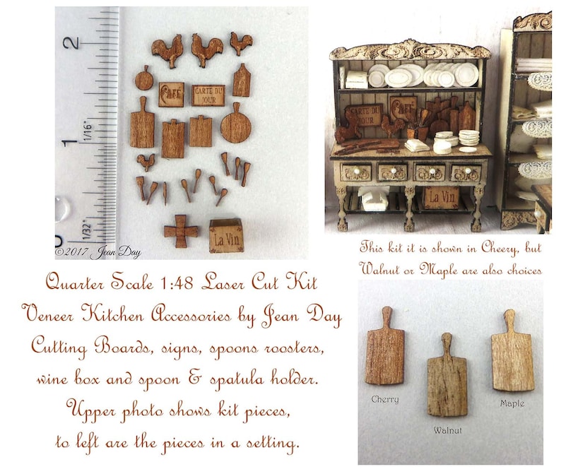 KIT Quarter Scale French Country Laser Cut and Engraved Veneer Kitchen Accessories Kit Cherry, Maple or Walnut Veneer, 1:48 LC046 image 1