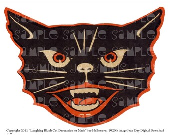 Halloween Mask Instant Digital Download, Laughing Black Cat, Vintage 1920's Art Deco Digital Collage DH010