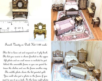 Intro Price KIT French Rococo Vanity or Desk, 1:48, quarter scale dollhouse miniature, DIY. laser cut and engraved  LC237