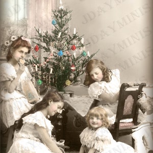 Francuski Christmas, Julienne i jej siostry świętować Noel-French pocztówka Scan, tag prezent-Instant Digital Download FC031