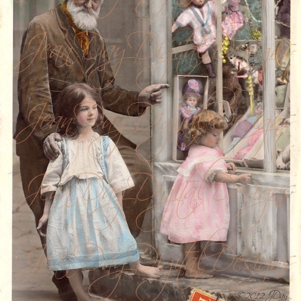 Grandpa and Girls Wishes at Toy Store Window 1908, French Postcard Instant Digital Download FrA084