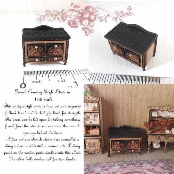 KIT Quarter Scale French Country Stove, Laser Cut and Engraved Kit 1:48, LC163, Dollhouse Miniature