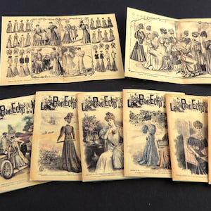May include: A collection of vintage French fashion magazines, "Le Petit Echo de la Mode", featuring illustrations of women's clothing and accessories. The magazines are printed on yellowed paper with black ink.