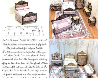 Intro Price KIT Tufted Rococo Double Bed Kit, Laser Cut and Engraved quarter scale 1:48 Dollhouse Miniature, DIY kit,  LC233