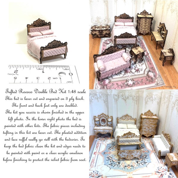 Intro Price KIT Tufted Rococo Double Bed Kit, Laser Cut and Engraved quarter scale 1:48 Dollhouse Miniature, DIY kit,  LC233