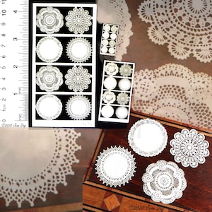 Kit - Miniature dollhouse Antique Doilies set 2 in 3 scales Paper, 8 doilies in 4 designs for antique lace lovers PL209