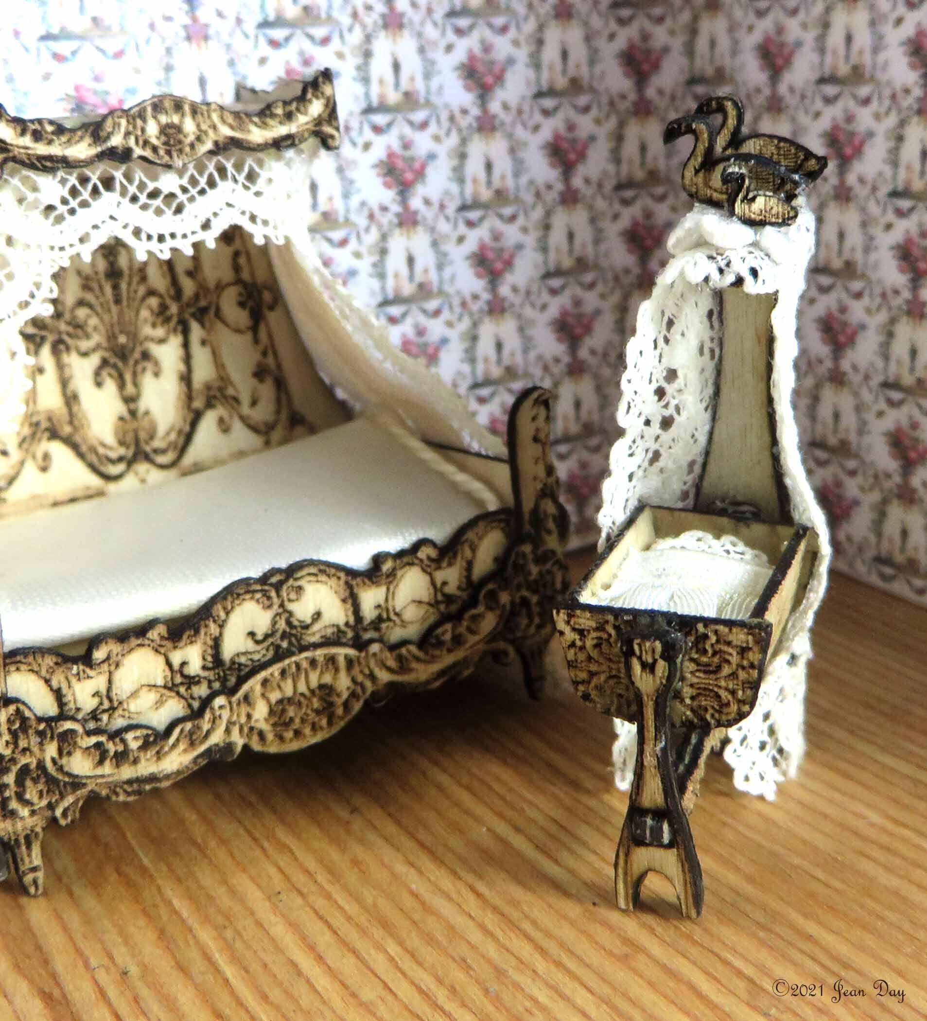 Mini lit à baldaquin vintage Dora Kuhn maison de poupée ensemble de