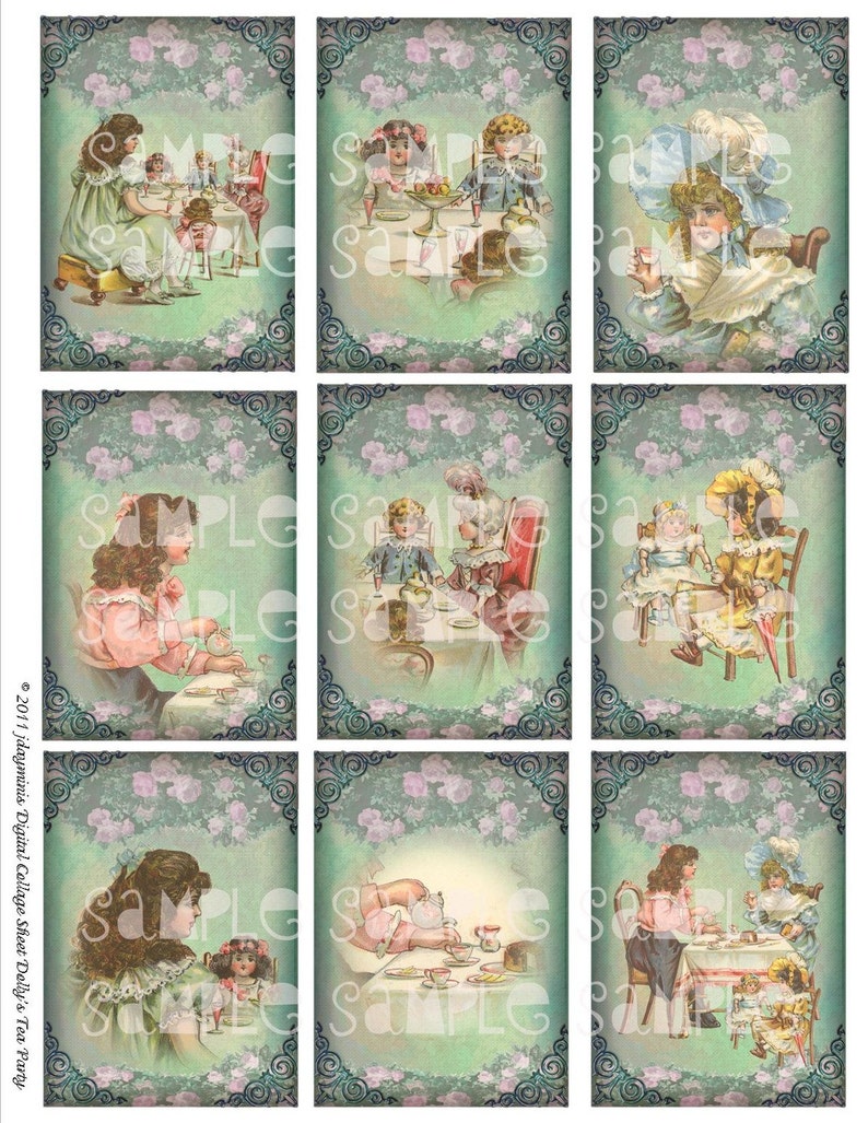 Dolly's Tea Party 2.5 x 3.5, tags, Instant Digital Download DC005 image 1