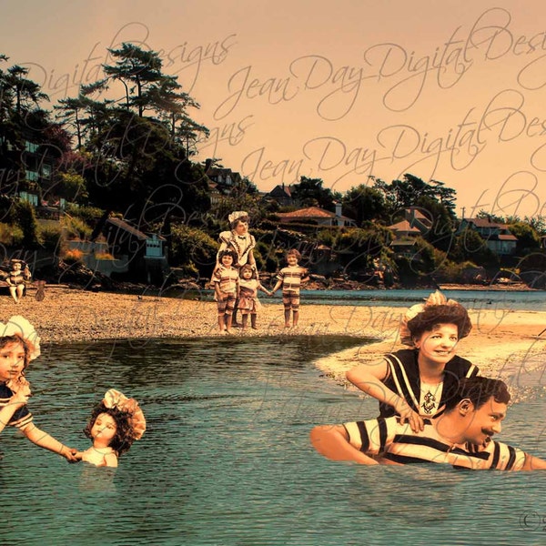 Gonzales Beach, Past and Present, nautical Photomontage, French Families Instant Digital Download, Gift Tag or Photo PS011