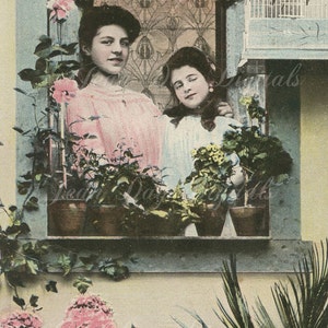 Cécile et Henriette - cage à oiseaux - pots de plantes - carte postale ancienne française allemande - numérisation de photos - papier peint cool téléchargement numérique instantané FrA036